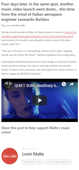 Quiet Sun on Lovin Malta press clip